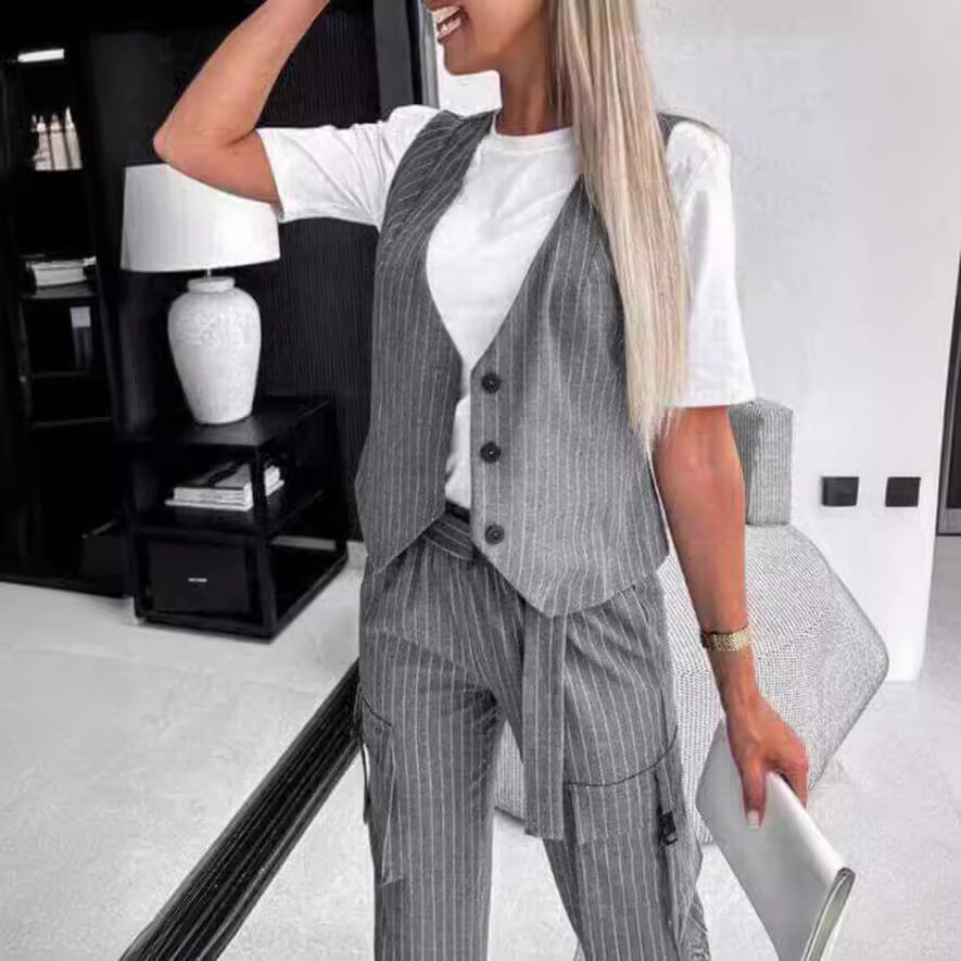 Stylish Classic Women's Printed Sleeveless Trousers Fashion Casual Suit