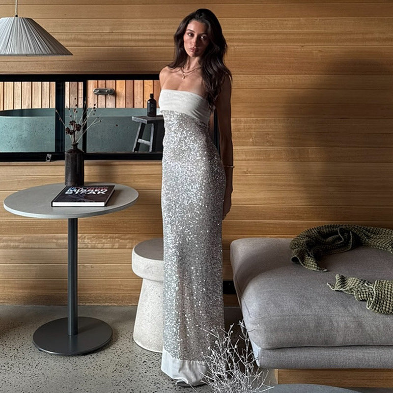 Women's Solid Color Long Style Close-fitting Sequins Dresses
