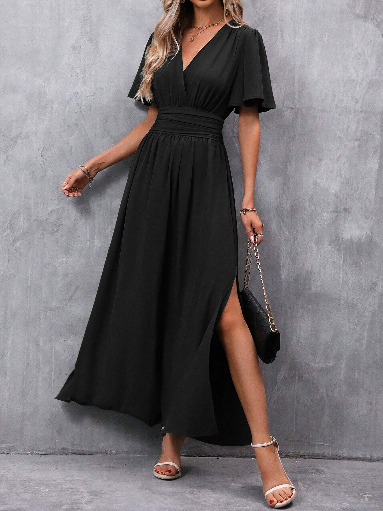 Women's Flying Sleeves Back Waist Smocking High Slit Dress