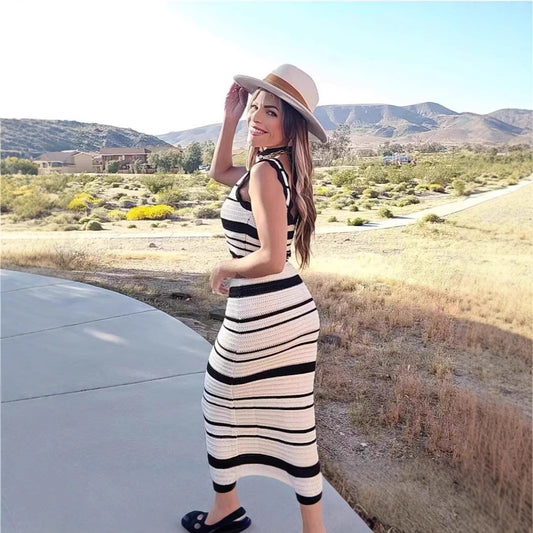 Women's Striped Knitted High Waist Contrast Two-piece Suits