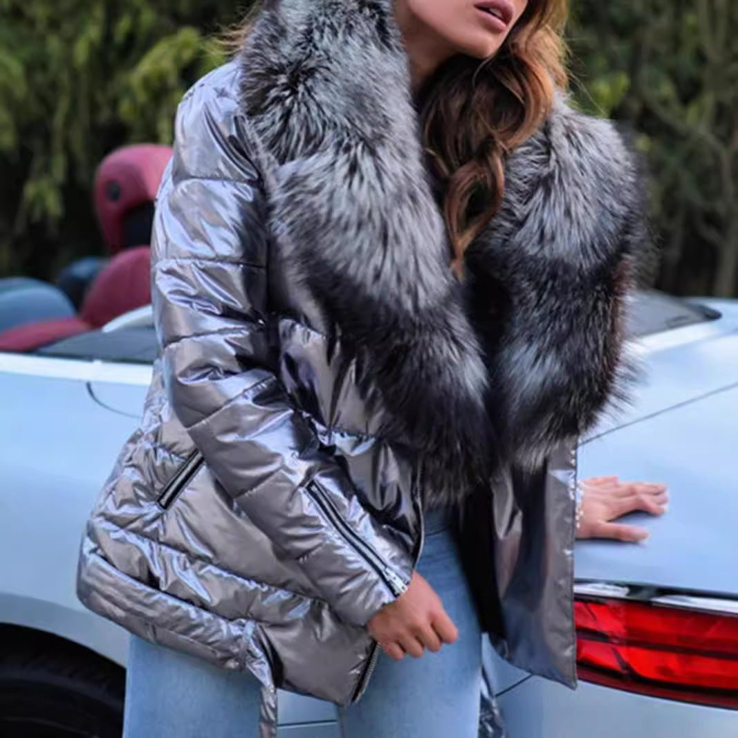 Women's Glossy Big Fur Collar Long Sleeve Cotton Coats