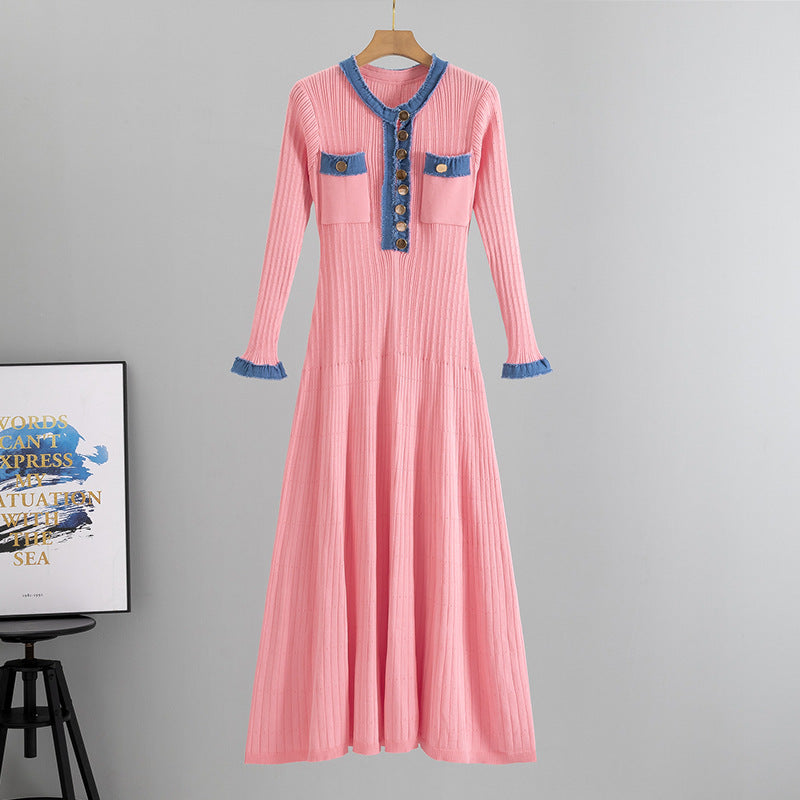 Women's Elegant Slim Denim Stitching Contrast Color Dress