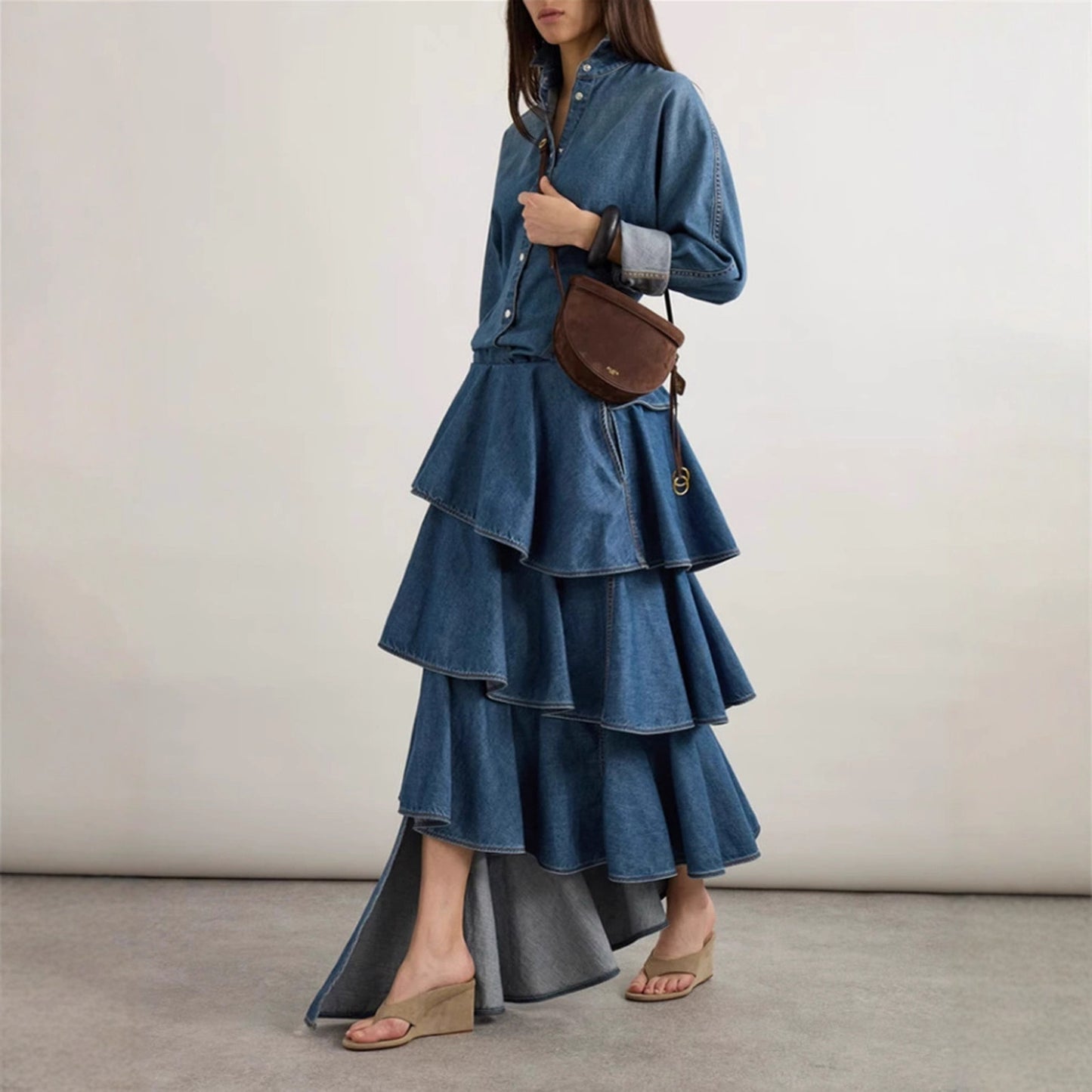 Women's Raglan Sleeve Loose Shirt Asymmetric Lotus Skirts
