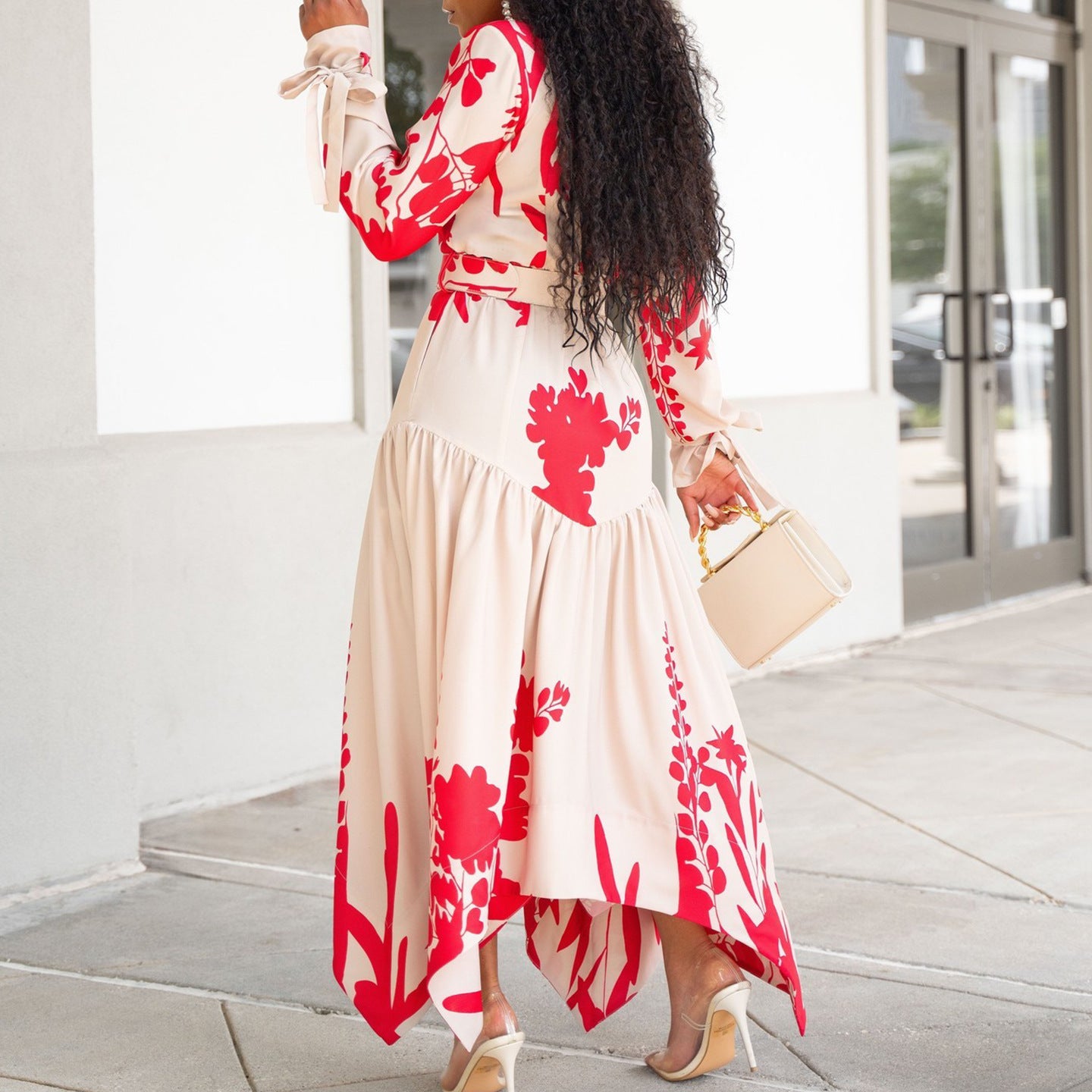 Women's Summer Long Sleeve Printing Lapel Irregular Loose Dress