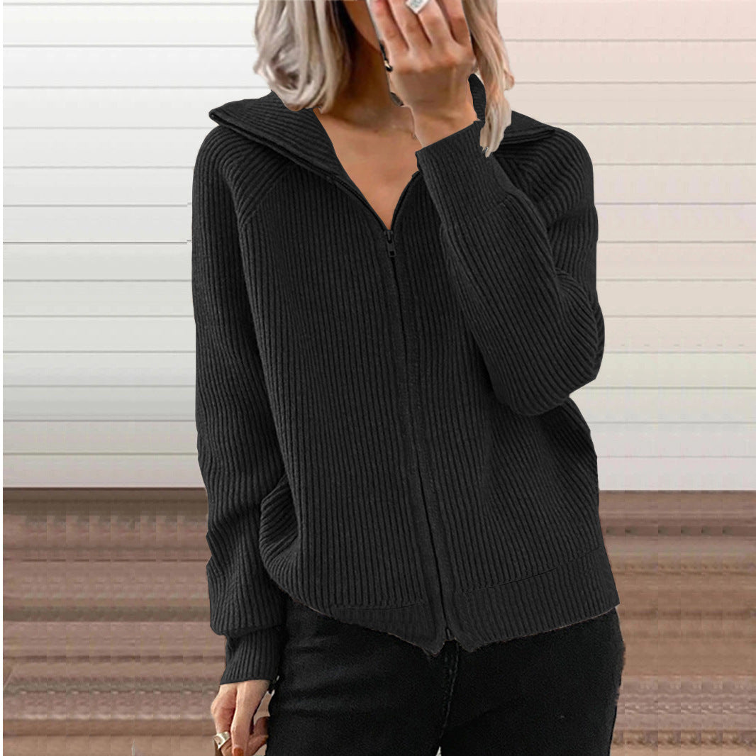Women's Striped Casual Loose Zipper Long Sleeve Lapel Cardigans