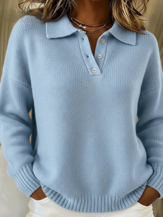 Women's Loose Lazy Style Soft Glutinous Polo For Long Sleeve Button Sweater