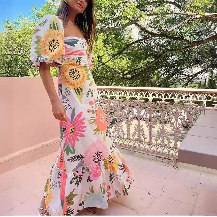 Printed Lantern Sleeve Large Swing Dress Dresses