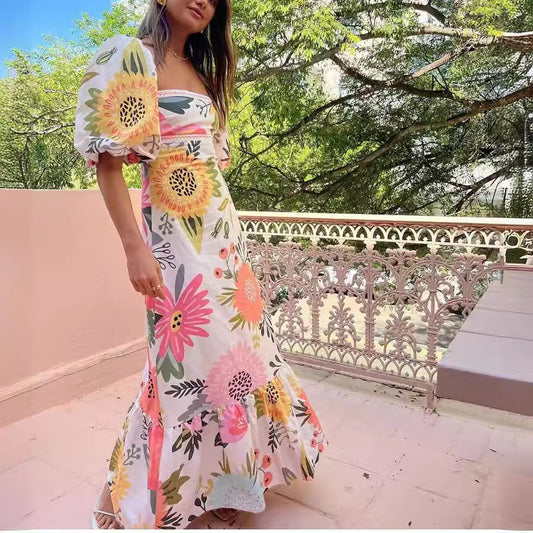 Printed Lantern Sleeve Large Swing Dress Dresses
