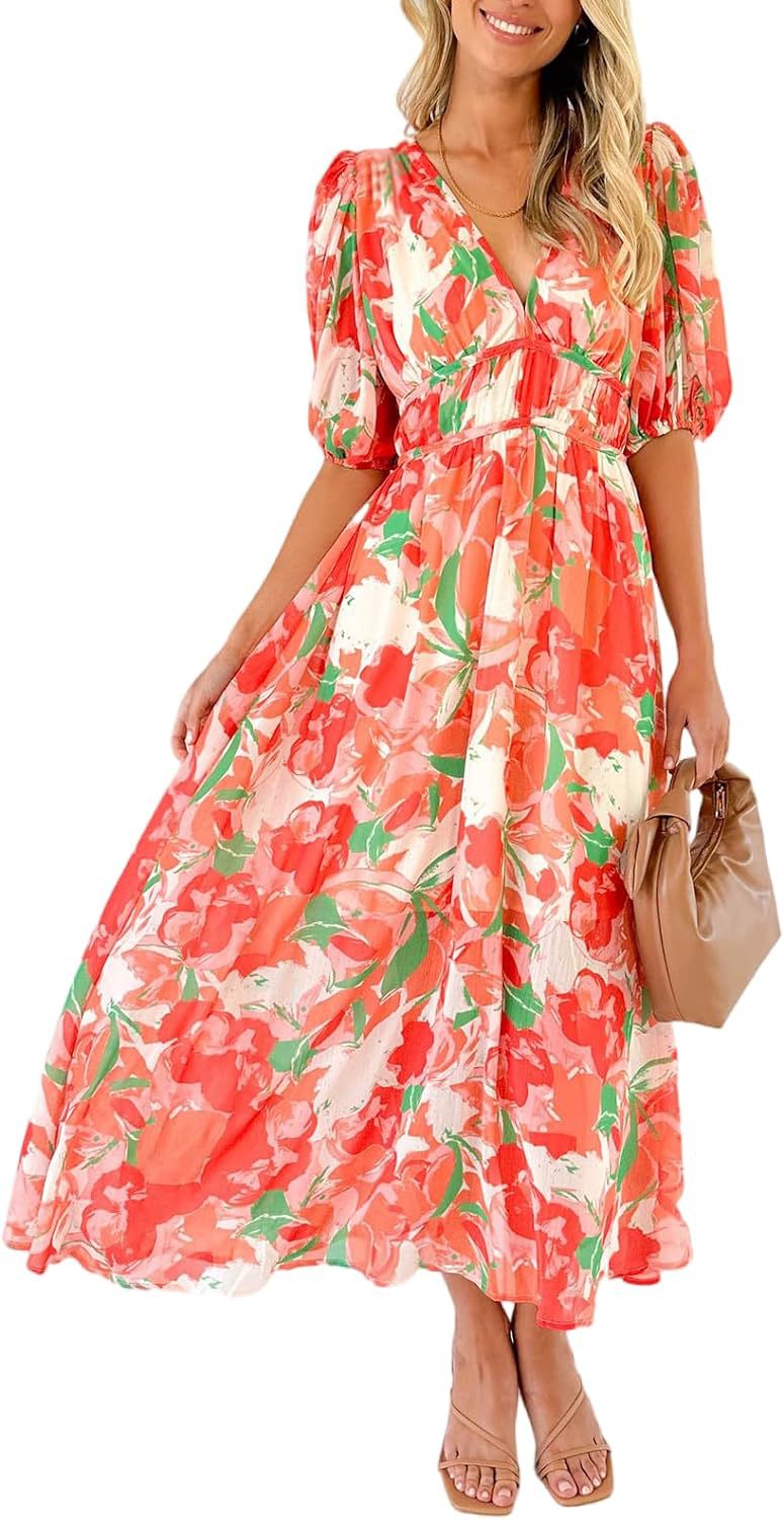 Women's Bohemian Floral Mid-length Dress Pleating Beach Dresses
