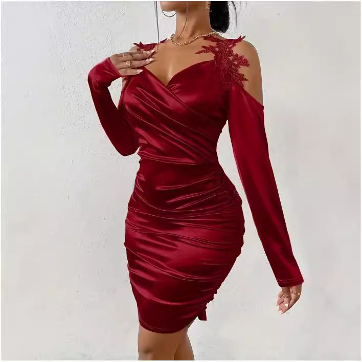 Cool Satin Elegant Lace Tight Draped Dress