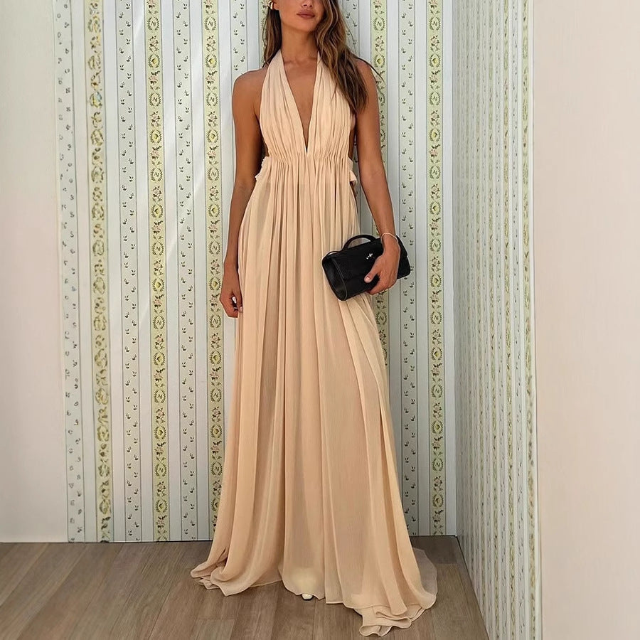 Women's Summer Deep Long Dress Pleated Halter Dresses