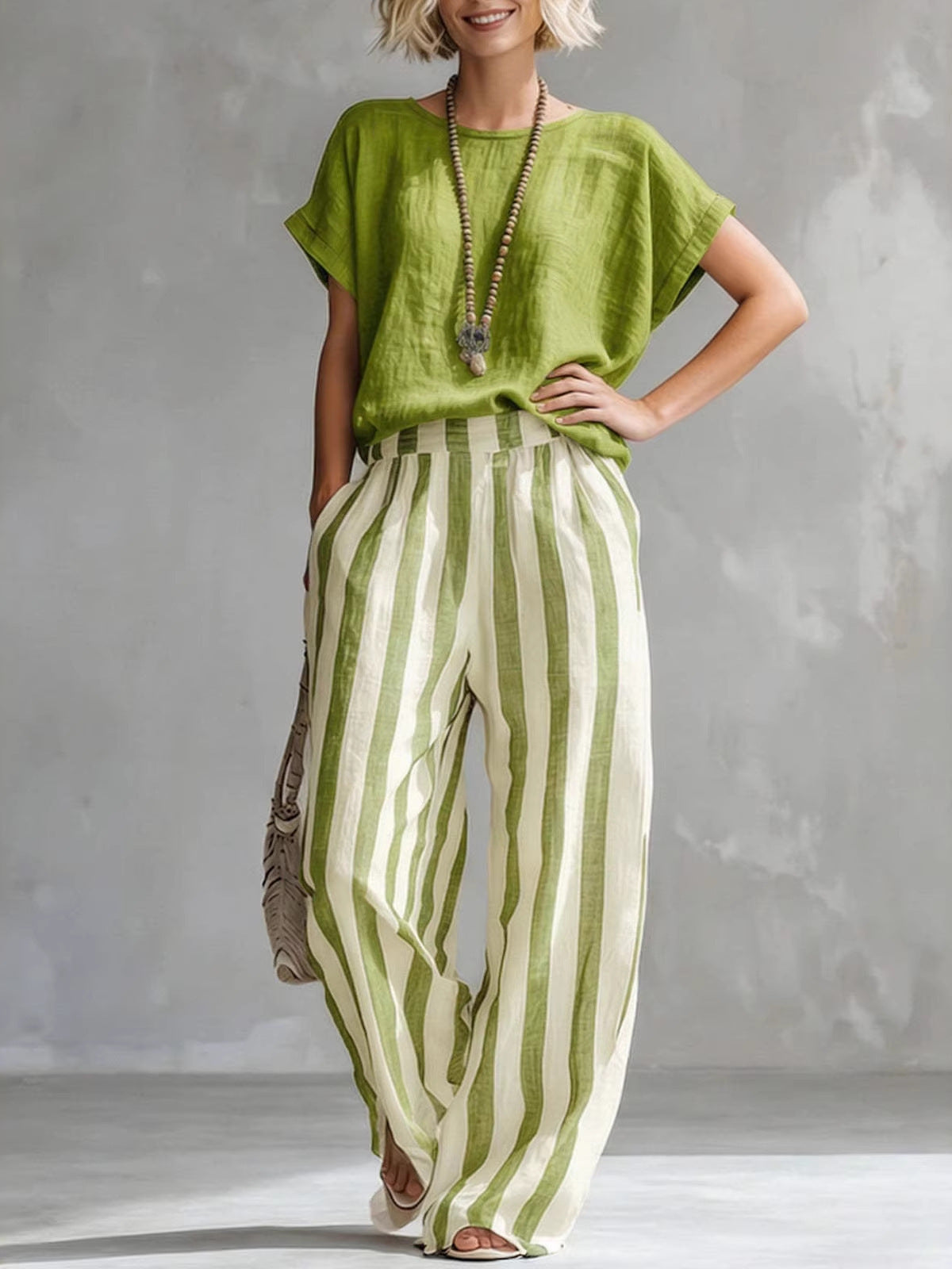 Women's Round Neck Straight Striped Trousers Fashion Casual Suit