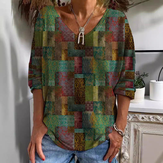 Women's Long Sleeve Loose Pullover Ethnic Digital Blouses