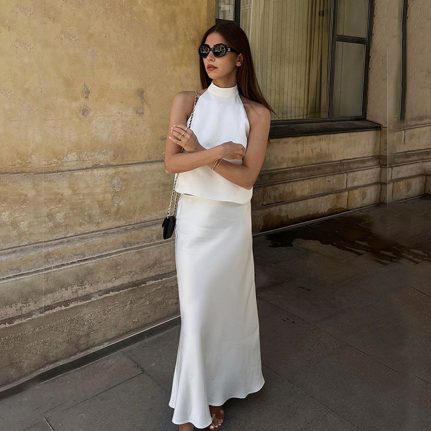 Acetate Satin White Sleeveless Halter Fishtail Suits