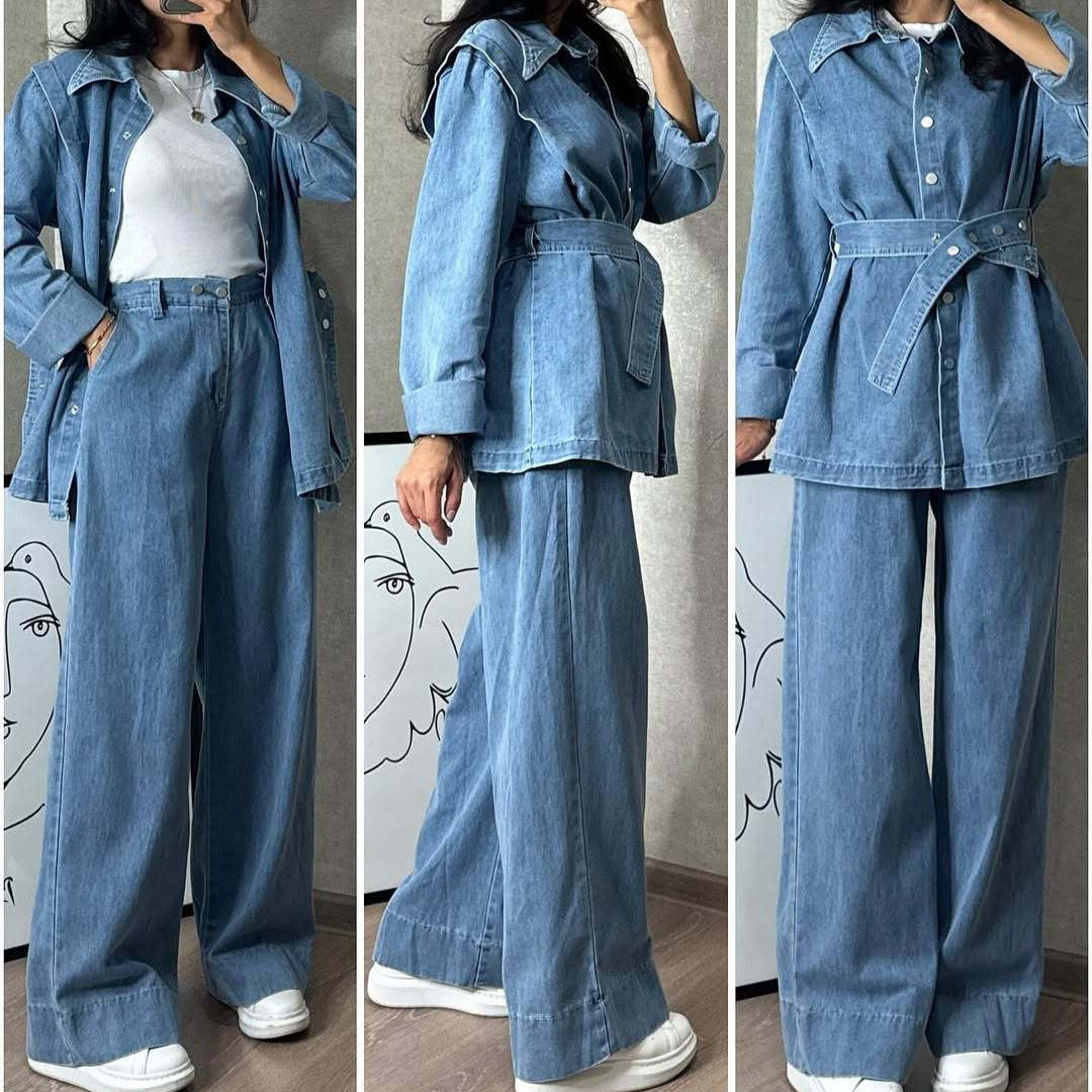 Women's Long Sleeve Denim Wide Leg Two-piece Suits