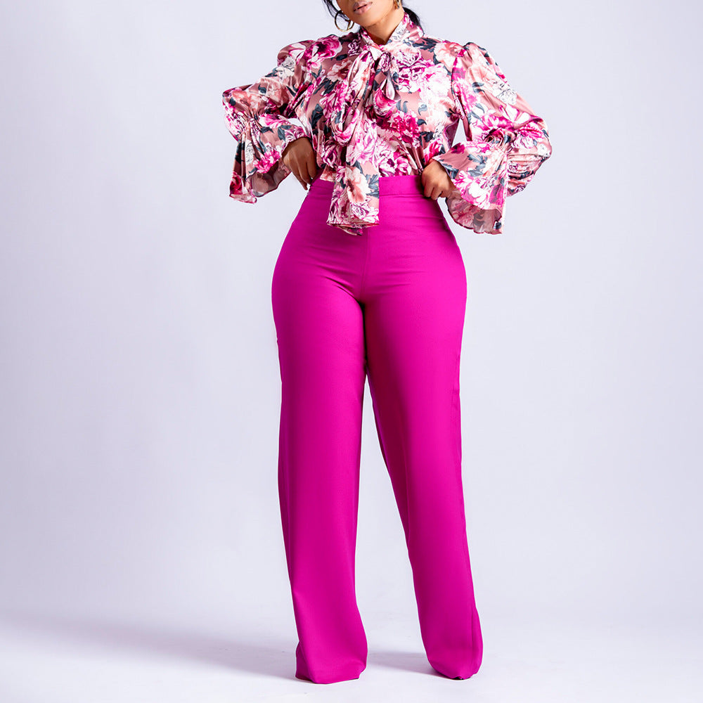 Women's Loose Large Printed Long-sleeved Shirt Two-piece Fashion Casual Suit
