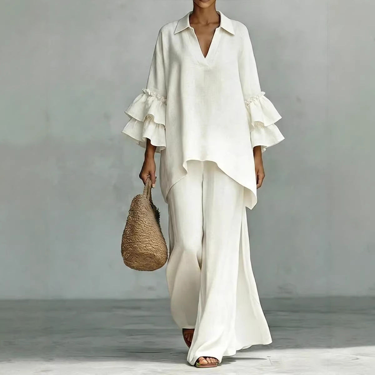 Women's Solid Color Shirt Collar Loose Trousers Fashion Casual Suit