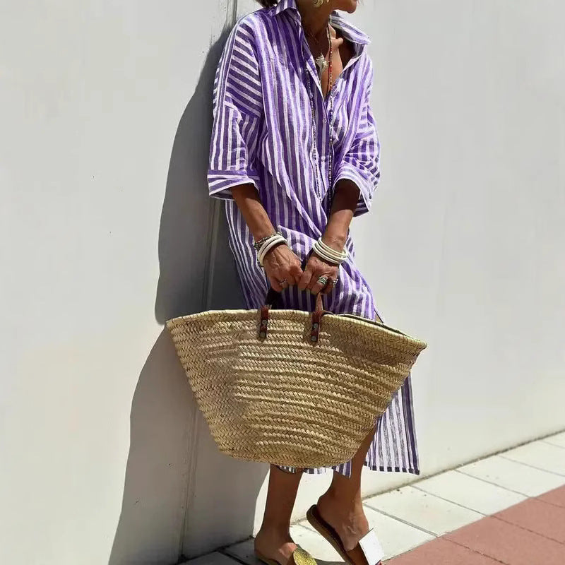 Women's Half Sleeve Striped Lapel Shirt Mid-length Dress