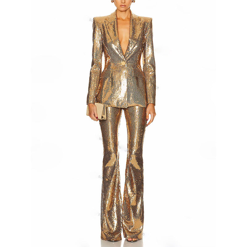 Fashionable Golden Sequined Trousers Two-piece Set Fashion Casual Suit