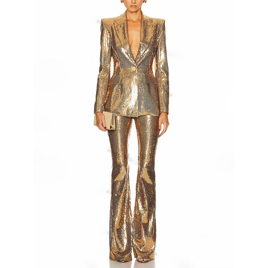 Fashionable Golden Sequined Trousers Two-piece Set Fashion Casual Suit
