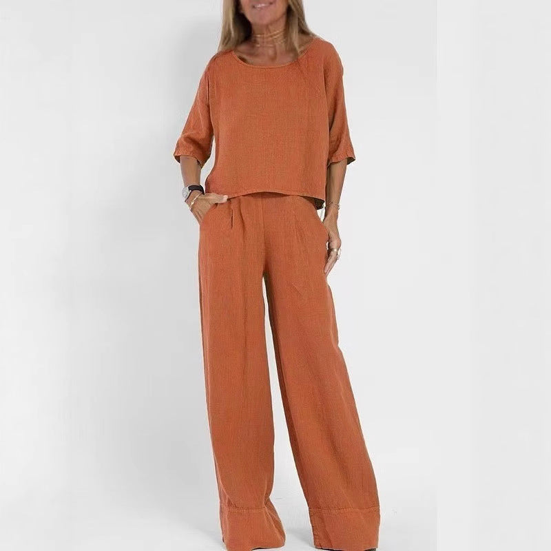 Women's Pocket Trousers Beach Sleeve Pullover Cotton Linen Solid Color Two Fashion Casual Suit