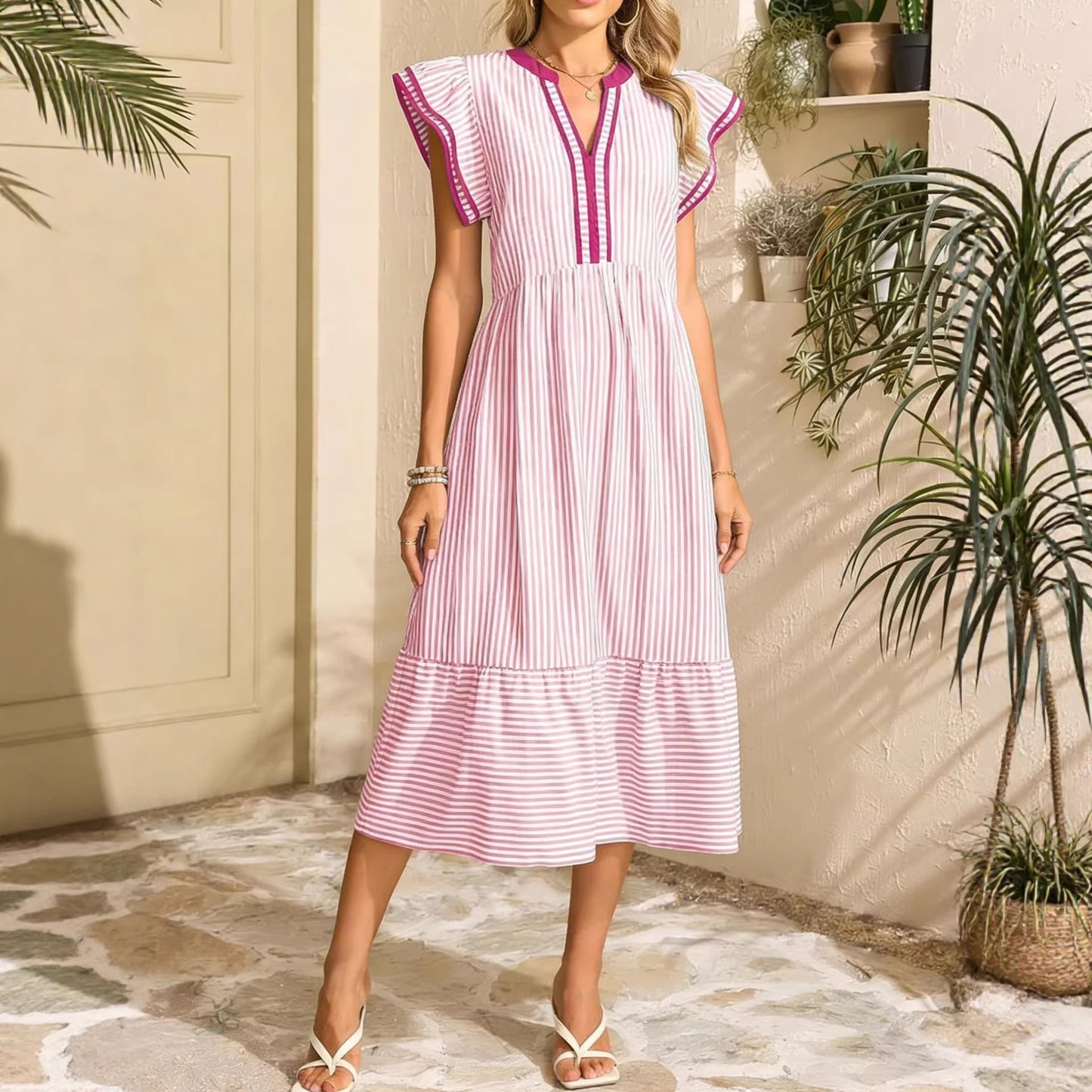 Women's Fashion Striped Double Frill Sleeve Contrast Dress