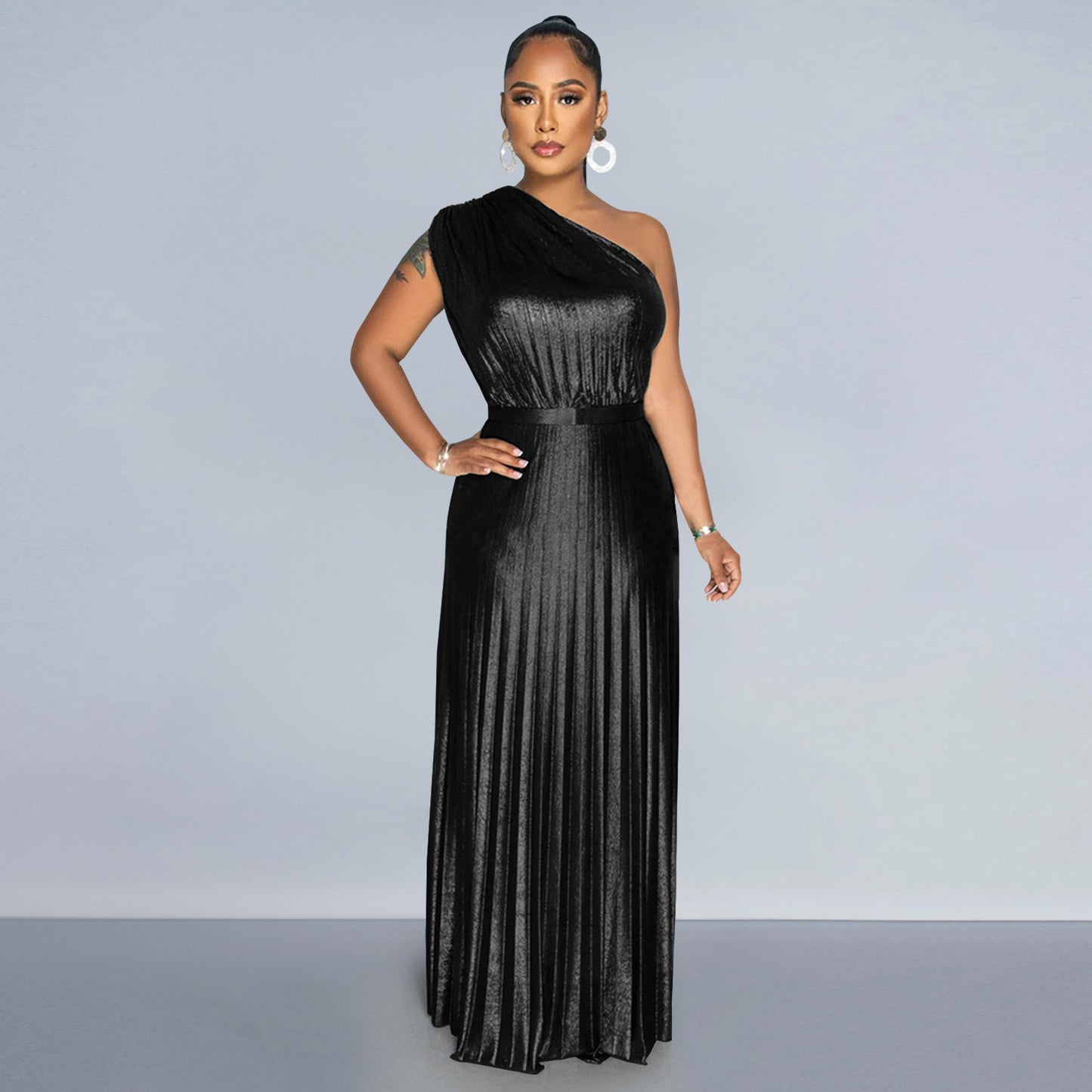 Women's Wear Elegant Bronzing Slant Shoulder Sleeveless Solid Dresses