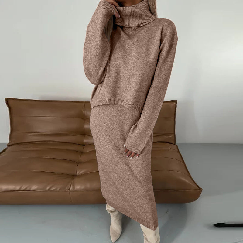 Turtleneck Long Two-piece Solid Color Knitted Dress