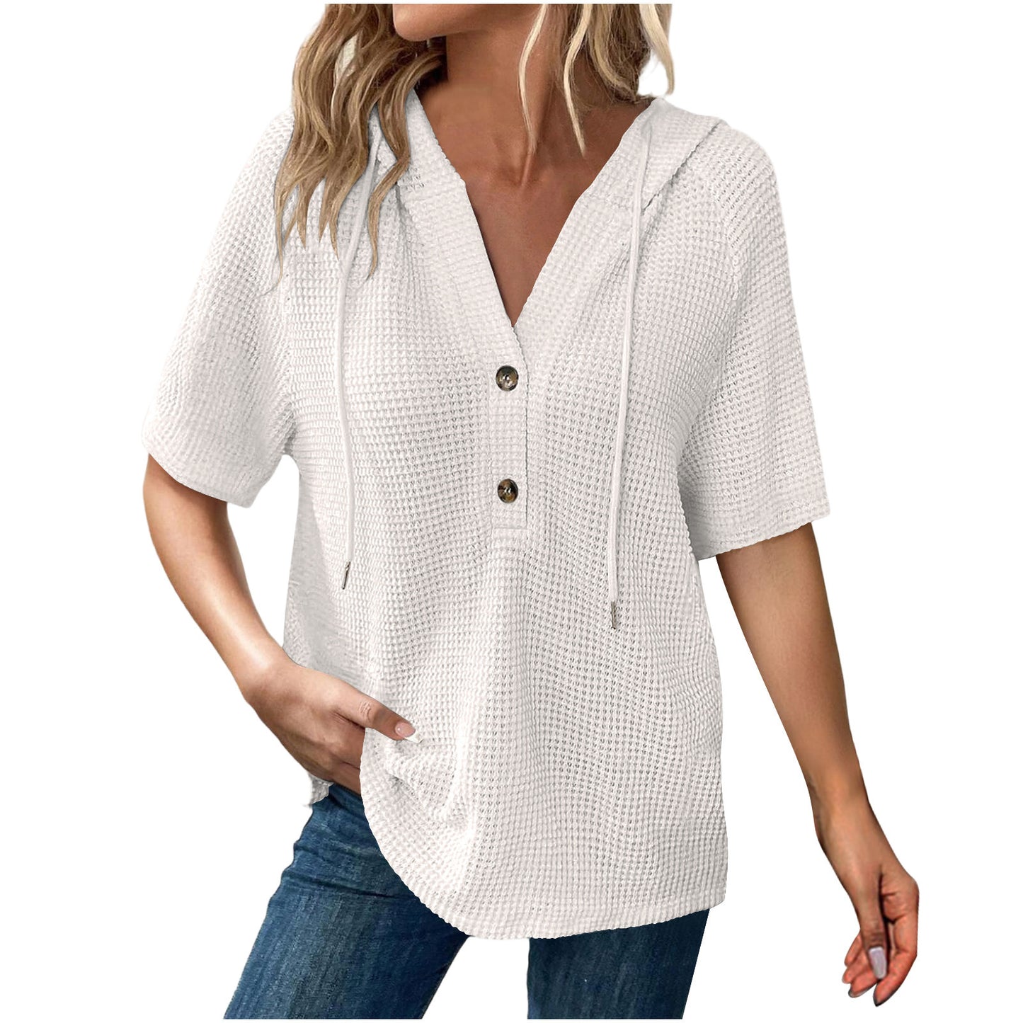 Women's Solid Color Waffle Hooded Button Loose Sleeve Shorts