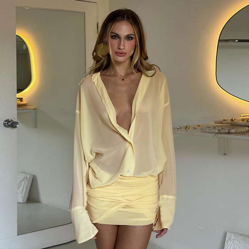 Women's Lapel Lace Up Sheath Temperament Shirt Dress