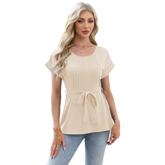 Women's Casual Shirt Ruffled Pleated Round Neck Blouses