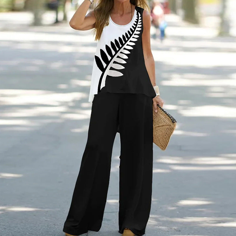 Women's Summer Printed Sleeveless Elastic High Waist Fashion Casual Suit