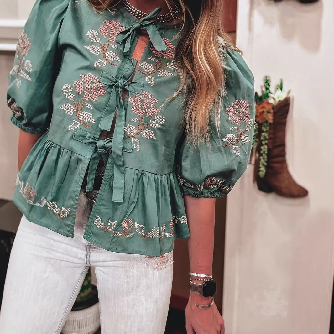 Women's Comfortable Russian Embroidered Short-sleeved Shirt Tops