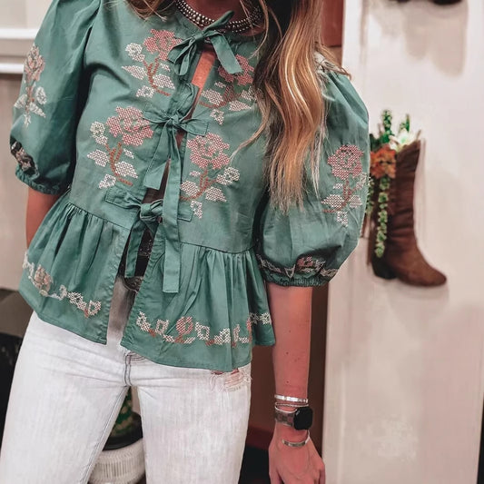 Women's Comfortable Russian Embroidered Short-sleeved Shirt Tops