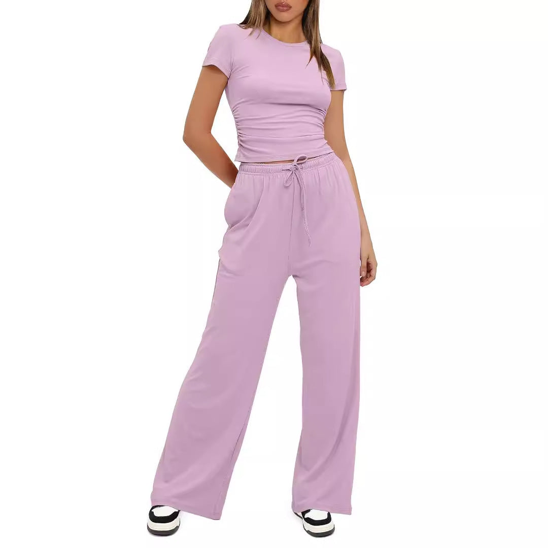 Color Pleated Sleeve High Waist Wide Tops