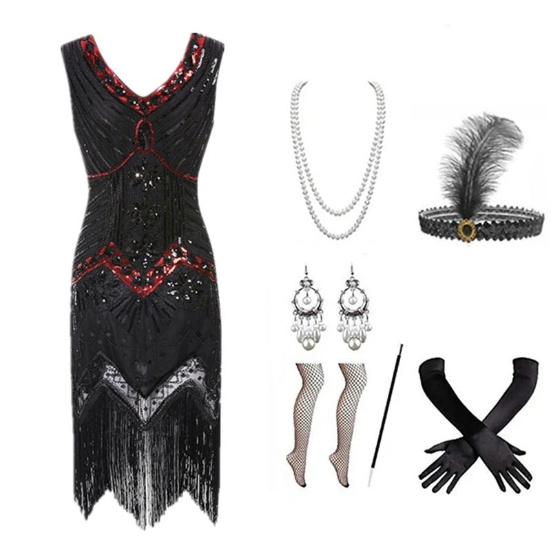 Women's Vintage Dress Than Beaded Sequins Tassel Evening Dresses