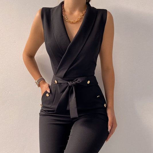 Women's Button Sleeveless Slim Fit Bodysuit Business Jumpsuits