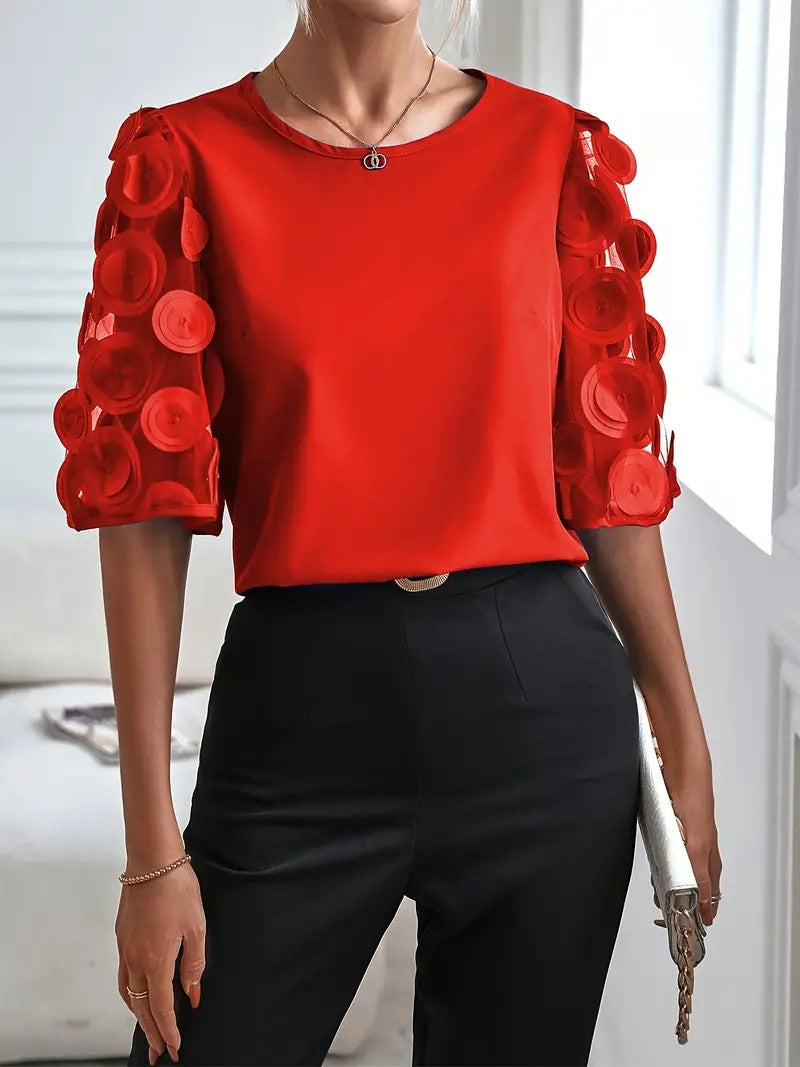 Round Neck Sleeve Casual Lace Patchwork Blouses