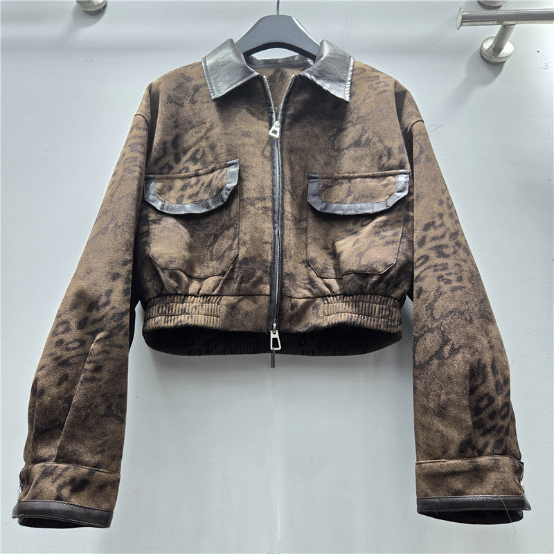 Women's Autumn Personality Leopard Splicing Leather Temperament Coats