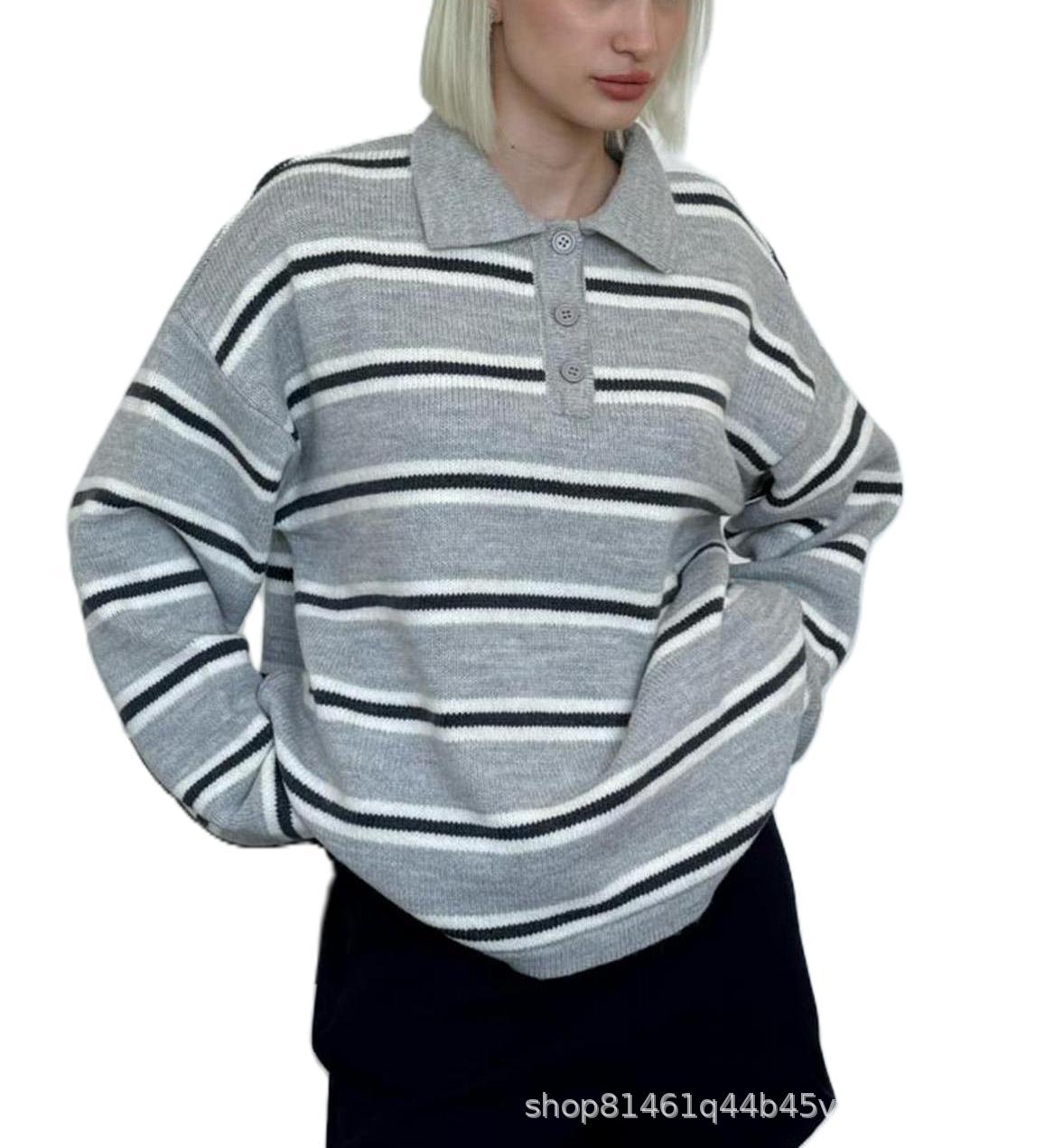Women's Vintage Stripe Collar Loose Idle Henry Sweater