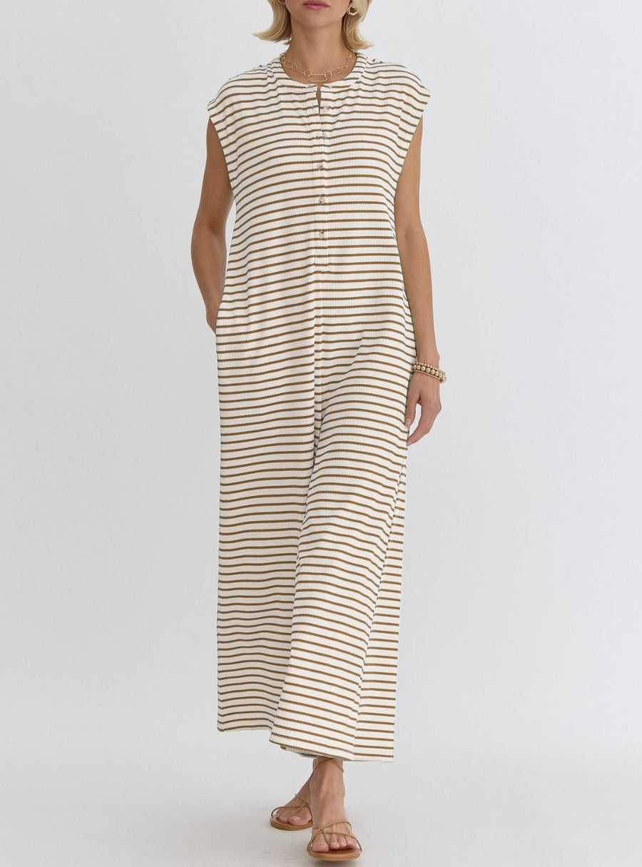 Women's Simple Loose Striped Sleeveless Wide Leg Jumpsuits