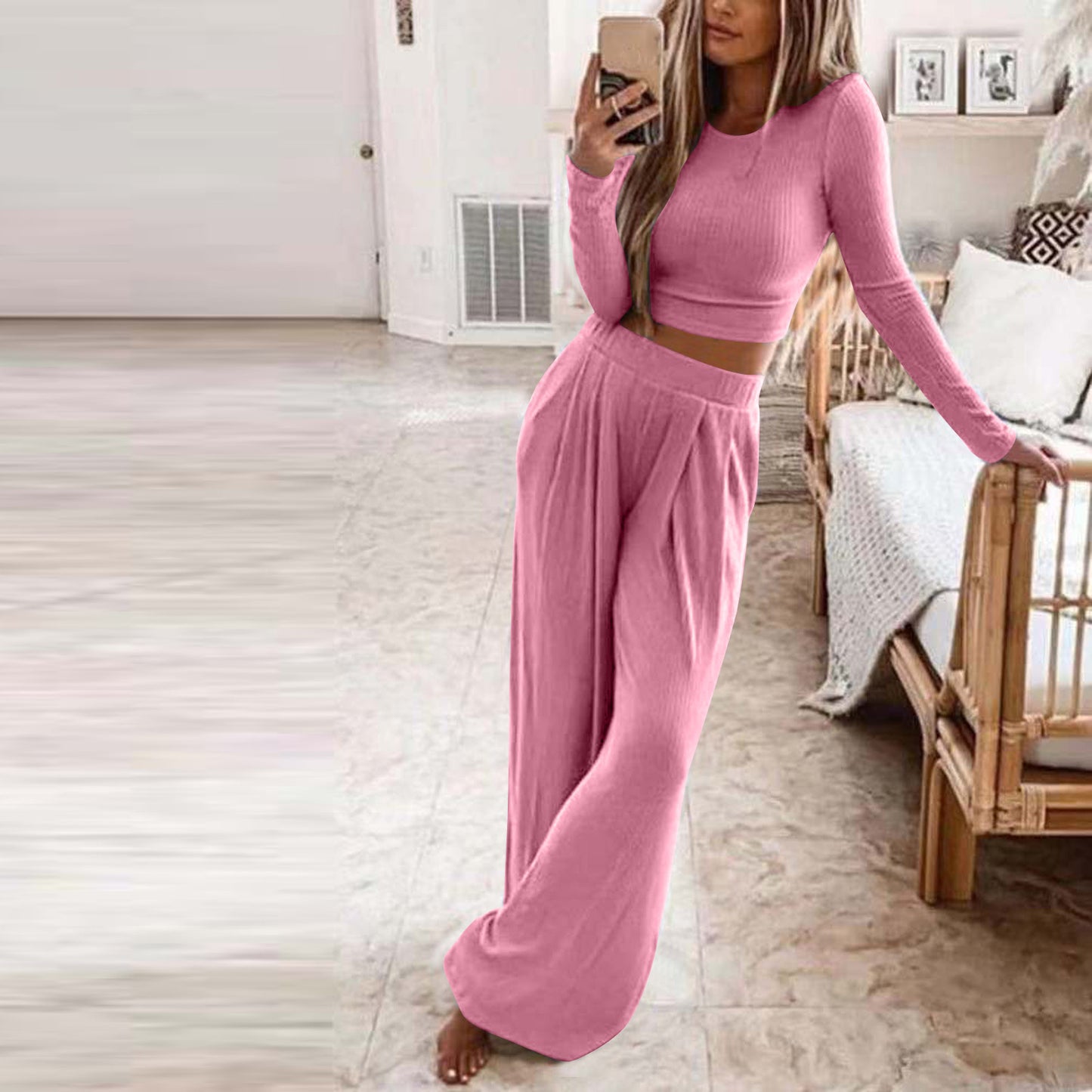 Women's Solid Color Knit Home Two-piece For Suits