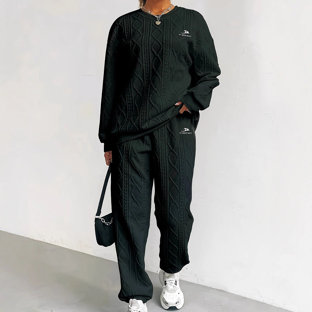 Women's Twist Stitching Long Sleeve Round Neck Trousers Two-piece Fashion Casual Suit