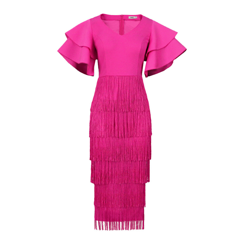 Women's Ruffle Sleeve High Waist Tassel Party Dresses