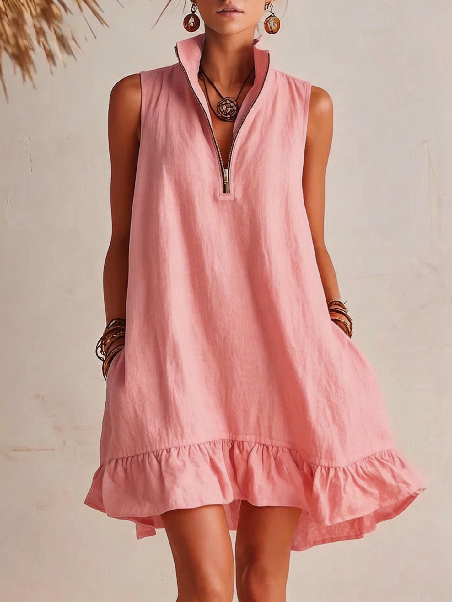 Women's Casual Loose Lotus Leaf Half Zip Dress