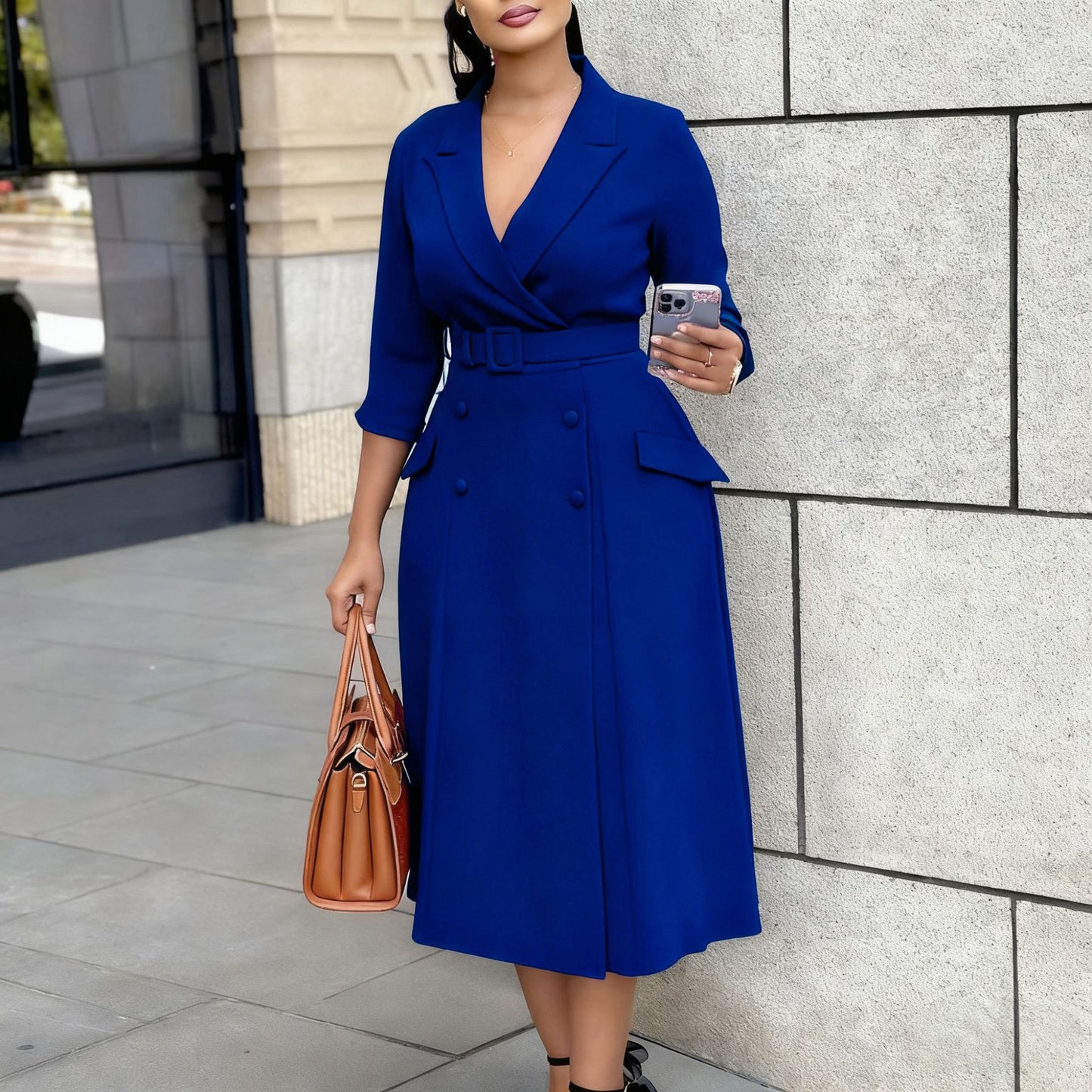 Women's Long Sleeve Collar Double Breasted Midi Dress