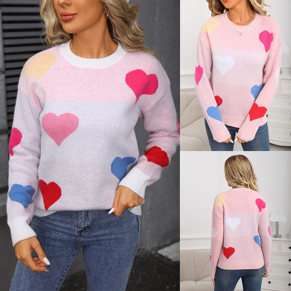 Women's Love Valentine's Day Small Peach Heart Round Neck Sweater