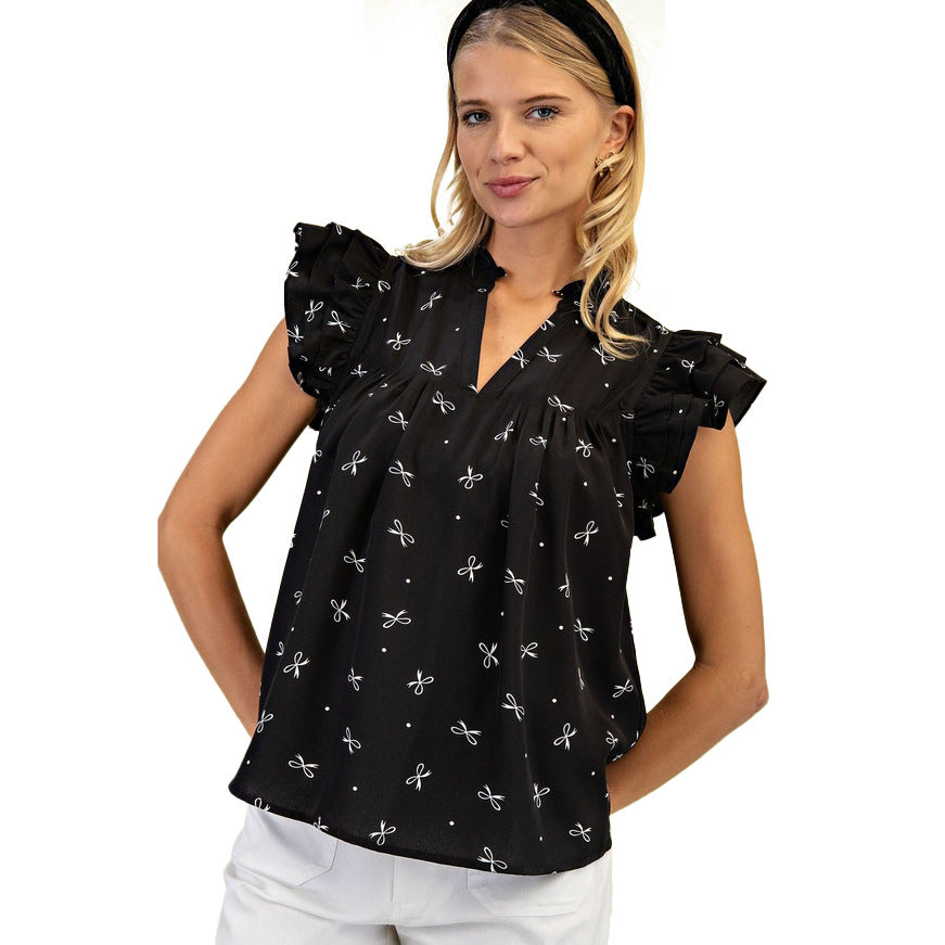 Women's Summer Ruffle Sleeve Sweet Printed Shirt Blouses