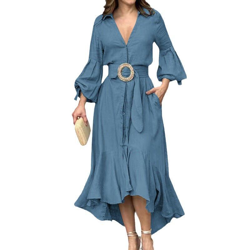 Fashion Casual Full Sleeve Turn-down Collar Solid Dresses