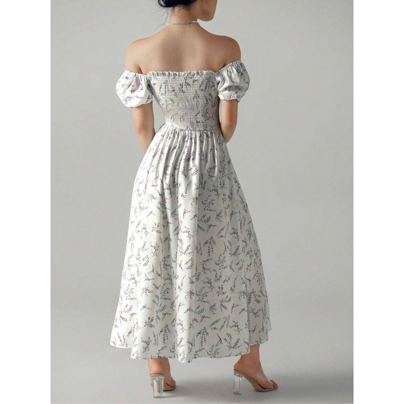 Square Collar Puff Sleeve Printed Elegant Dress